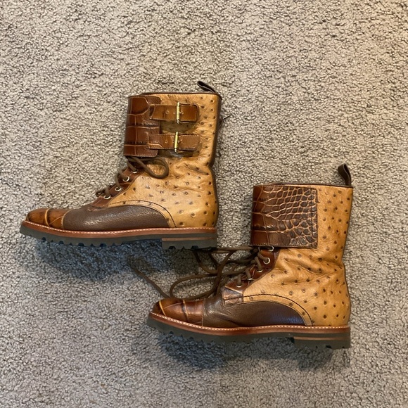Max Mara Croc Ostrich Leather Cap Toe Lace Up Combat Dress Boots Y2K sz 8.5, NEW - Picture 3 of 7